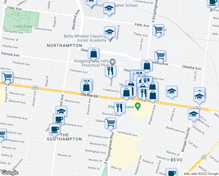 map of restaurants, bars, coffee shops, grocery stores, and more near 4974 Lindenwood Avenue in St. Louis