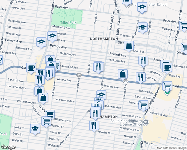 map of restaurants, bars, coffee shops, grocery stores, and more near 5442 Missouri 366 in St. Louis