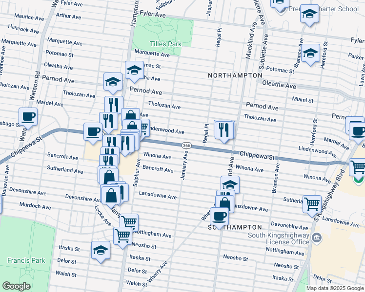 map of restaurants, bars, coffee shops, grocery stores, and more near 5611 Winona Avenue in St. Louis