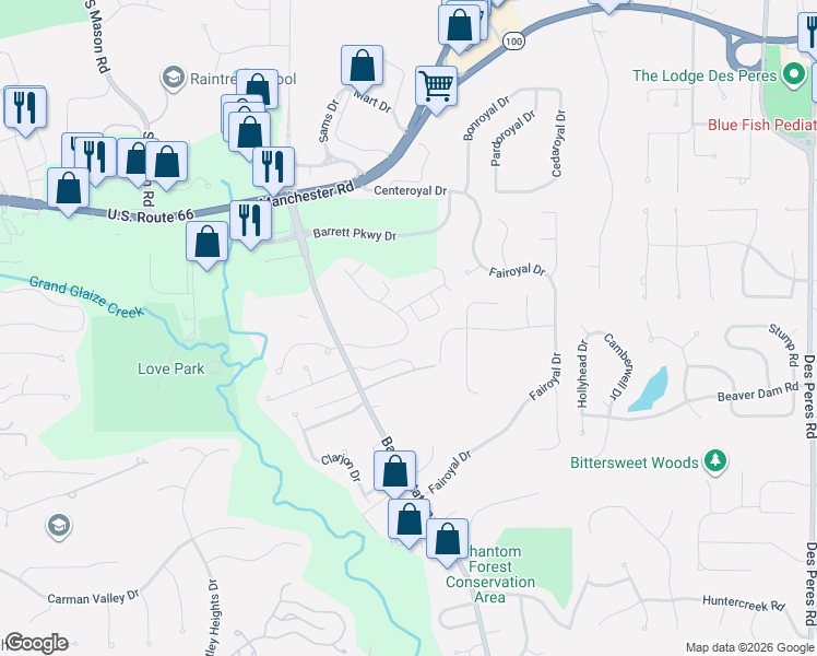 map of restaurants, bars, coffee shops, grocery stores, and more near 2457 Barrett Heights Drive in Ballwin