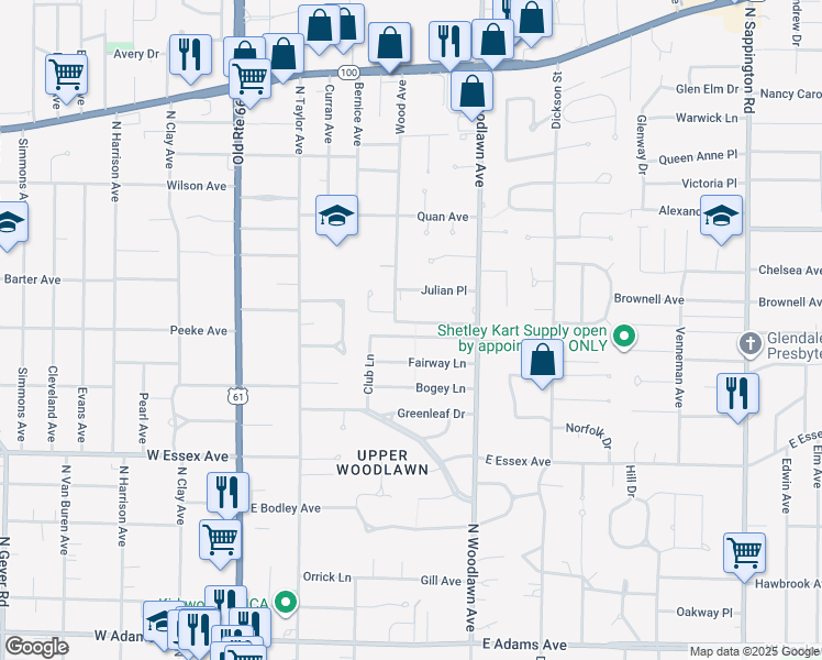 map of restaurants, bars, coffee shops, grocery stores, and more near 409 Fairway Lane in Kirkwood