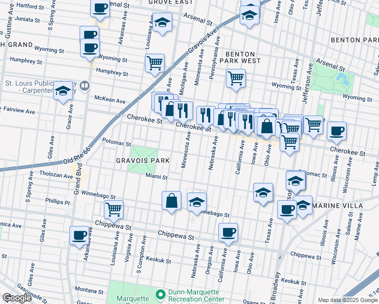 map of restaurants, bars, coffee shops, grocery stores, and more near 3517 Pennsylvania Avenue in St. Louis