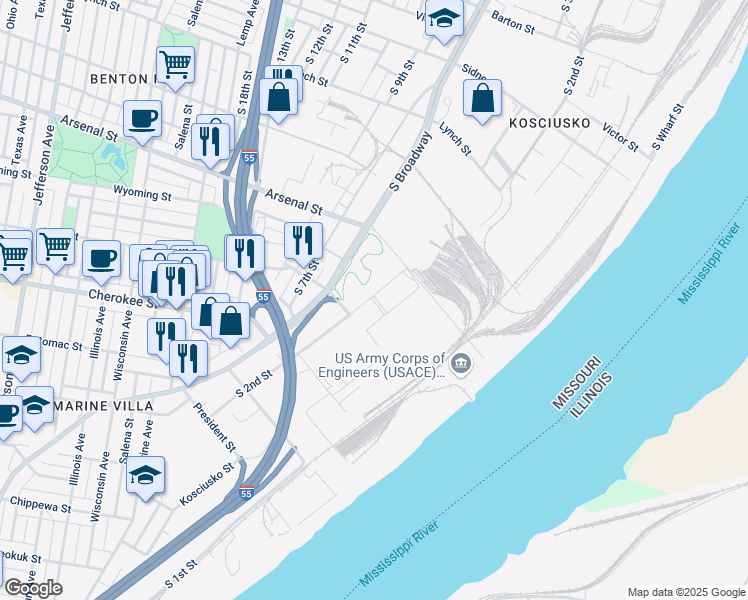 map of restaurants, bars, coffee shops, grocery stores, and more near 3200 South 2nd Street in St. Louis