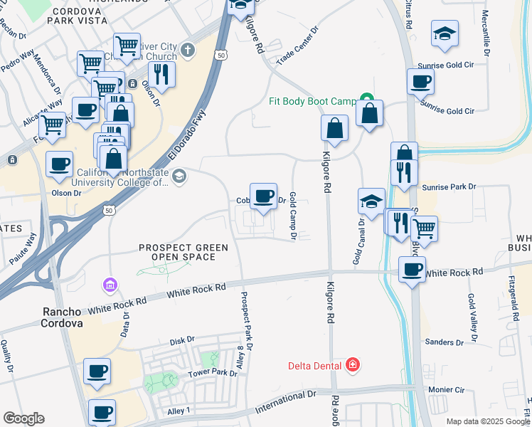 map of restaurants, bars, coffee shops, grocery stores, and more near 3140 Gold Camp Drive in Rancho Cordova