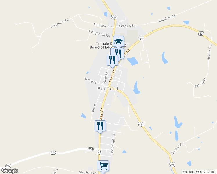 map of restaurants, bars, coffee shops, grocery stores, and more near U.S. 421 in Bedford