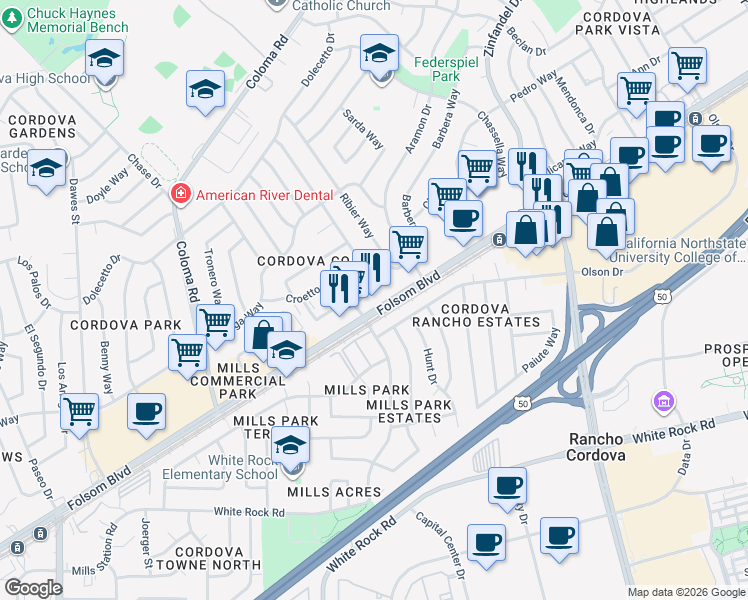 map of restaurants, bars, coffee shops, grocery stores, and more near 2730 Ribier Way in Rancho Cordova