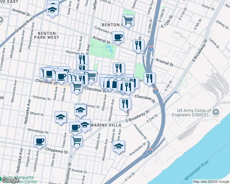 map of restaurants, bars, coffee shops, grocery stores, and more near 1959 Cherokee Street in St. Louis
