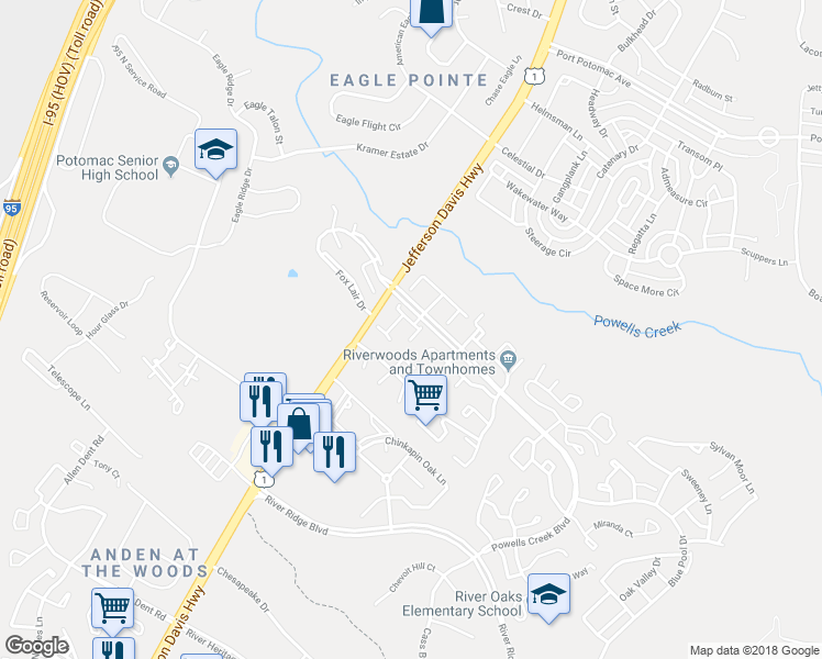 map of restaurants, bars, coffee shops, grocery stores, and more near 16552 Sherwood Place in Woodbridge
