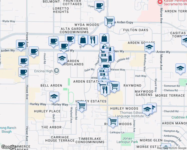 map of restaurants, bars, coffee shops, grocery stores, and more near 1523 Hesket Way in Sacramento