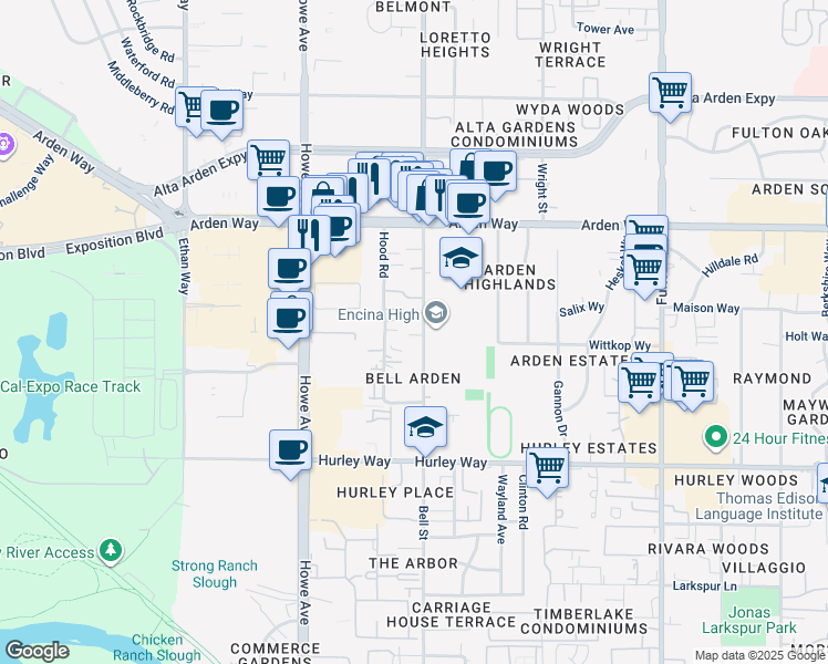 map of restaurants, bars, coffee shops, grocery stores, and more near 1525 Bell Street in Sacramento