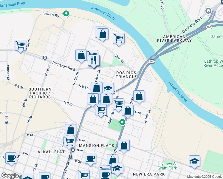 map of restaurants, bars, coffee shops, grocery stores, and more near 421 Eliza Street in Sacramento