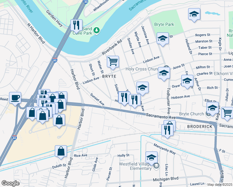 map of restaurants, bars, coffee shops, grocery stores, and more near 745 Solano Street in West Sacramento