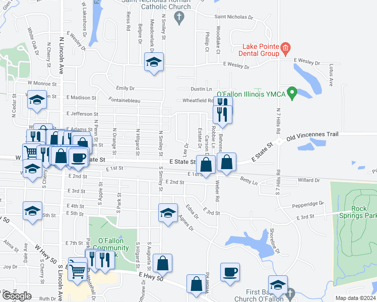 map of restaurants, bars, coffee shops, grocery stores, and more near 203 Estate Drive in O'Fallon
