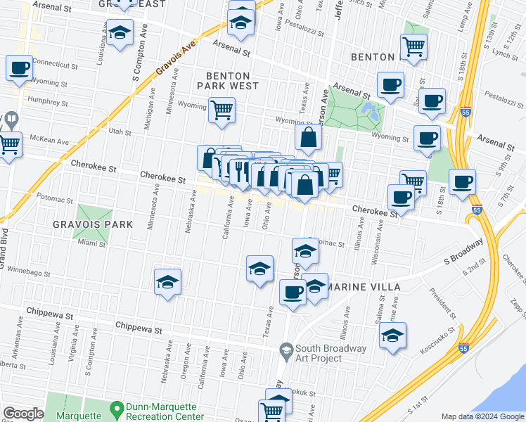map of restaurants, bars, coffee shops, grocery stores, and more near 2720 Cherokee Street in St. Louis