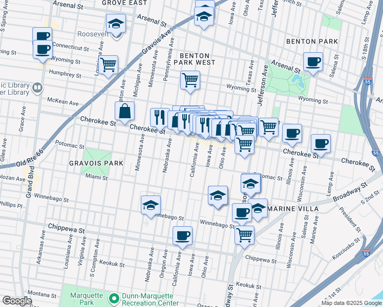 map of restaurants, bars, coffee shops, grocery stores, and more near 3412 Oregon Avenue in St. Louis