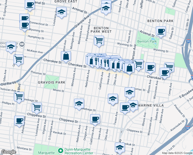 map of restaurants, bars, coffee shops, grocery stores, and more near 3412 Oregon Avenue in St. Louis