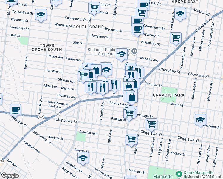 map of restaurants, bars, coffee shops, grocery stores, and more near 3522 South Spring Avenue in St. Louis