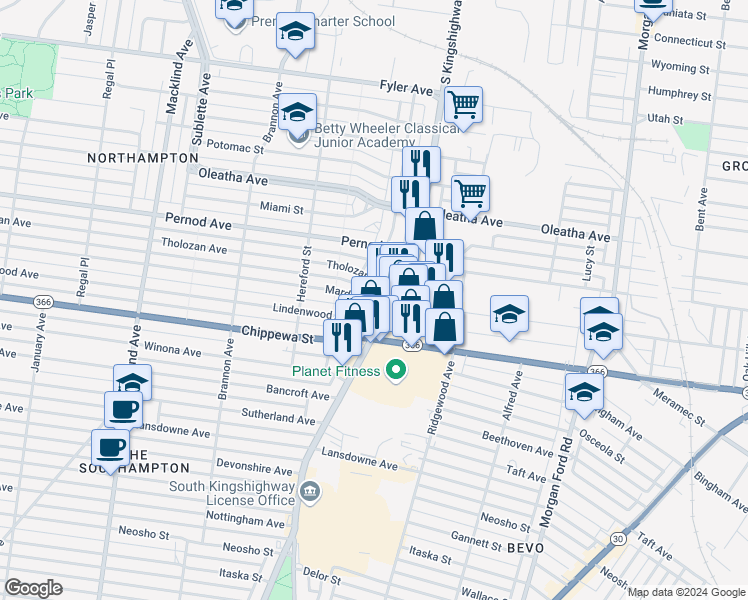 map of restaurants, bars, coffee shops, grocery stores, and more near 3632 Lawn Avenue in St. Louis
