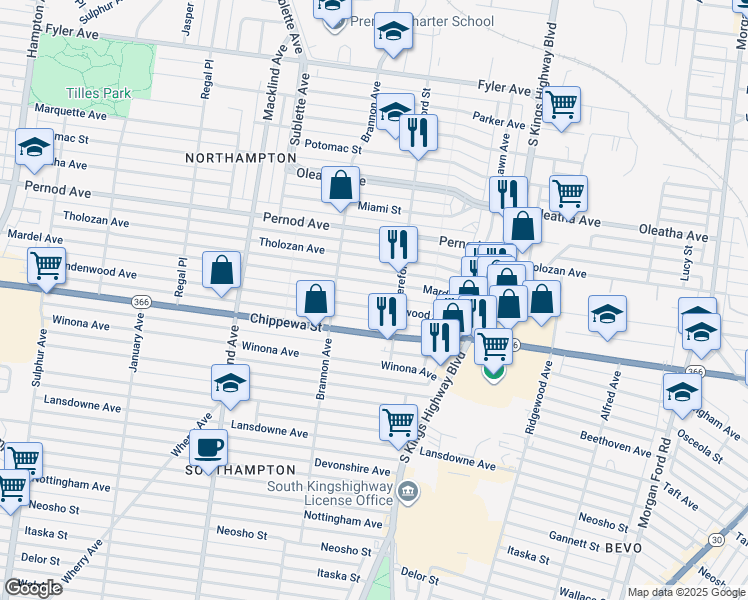 map of restaurants, bars, coffee shops, grocery stores, and more near 5033 Mardel Avenue in St. Louis