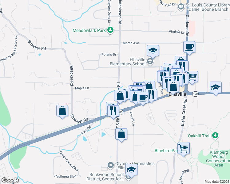map of restaurants, bars, coffee shops, grocery stores, and more near 48 Hutchinson Road in Ellisville