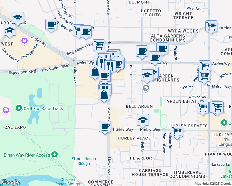 map of restaurants, bars, coffee shops, grocery stores, and more near 1500 Howe Avenue in Sacramento