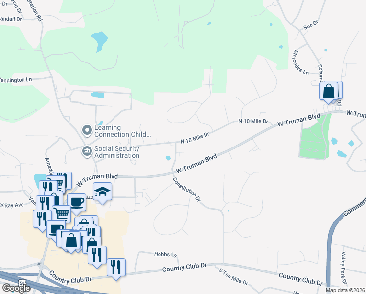 map of restaurants, bars, coffee shops, grocery stores, and more near 3335 North 10 Mile Drive in Jefferson City