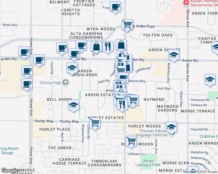 map of restaurants, bars, coffee shops, grocery stores, and more near 1523 Hesket Way in Sacramento
