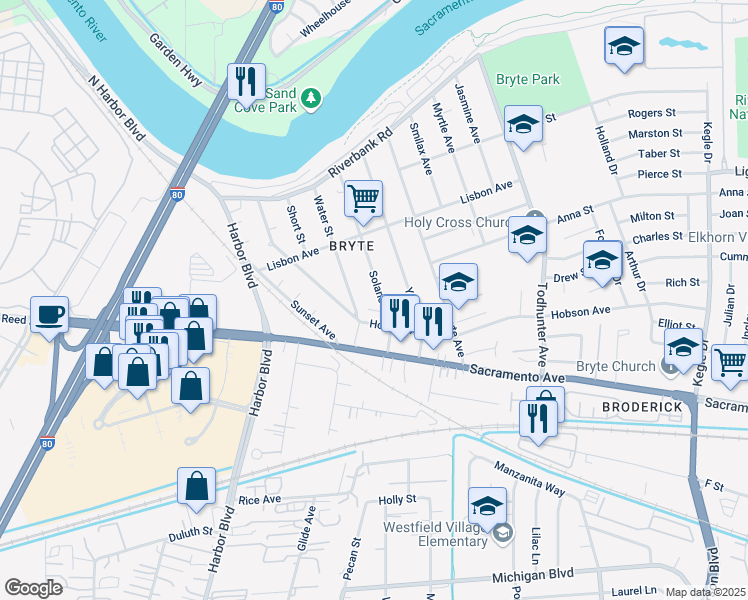 map of restaurants, bars, coffee shops, grocery stores, and more near 745 Solano Street in West Sacramento