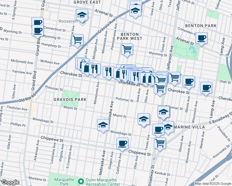 map of restaurants, bars, coffee shops, grocery stores, and more near in St. Louis