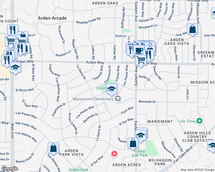 map of restaurants, bars, coffee shops, grocery stores, and more near 4033 Cresta Way in Sacramento