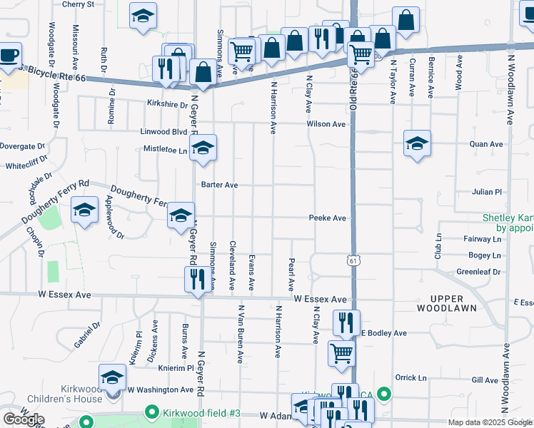 map of restaurants, bars, coffee shops, grocery stores, and more near 822 North Harrison Avenue in Kirkwood