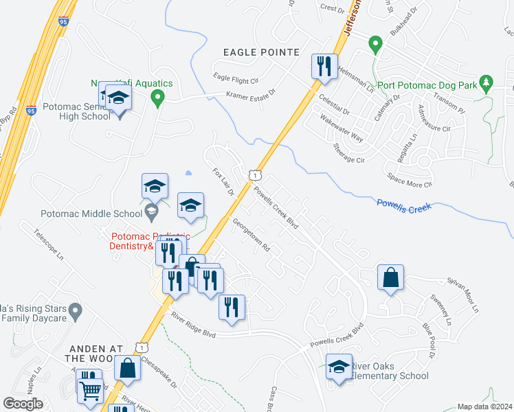 map of restaurants, bars, coffee shops, grocery stores, and more near 16557 Royal Court in Woodbridge