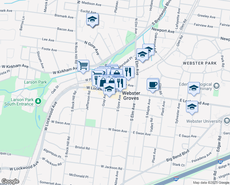 map of restaurants, bars, coffee shops, grocery stores, and more near 110 West Lockwood Avenue in Webster Groves