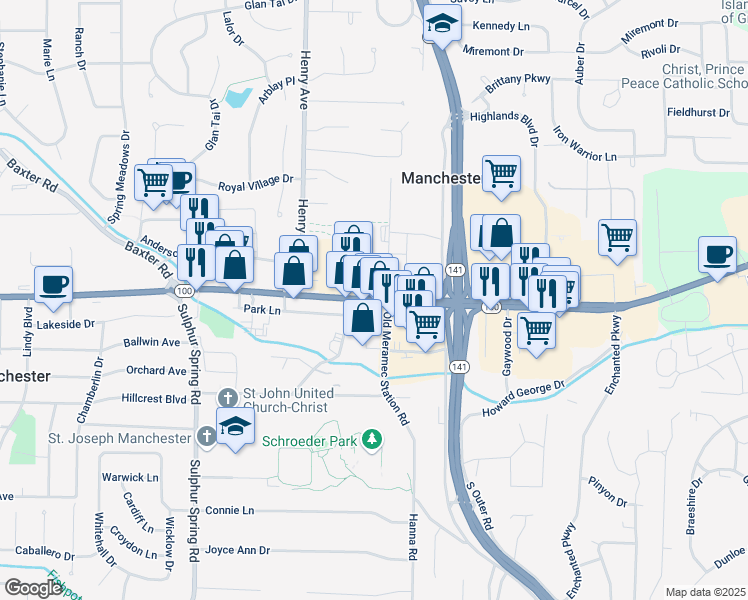 map of restaurants, bars, coffee shops, grocery stores, and more near Manchester Road in Manchester