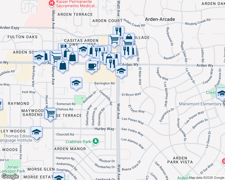 map of restaurants, bars, coffee shops, grocery stores, and more near 3432 Barrington Road in Sacramento