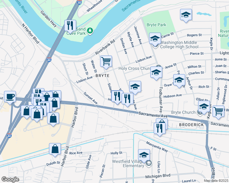 map of restaurants, bars, coffee shops, grocery stores, and more near 745 Solano Street in West Sacramento