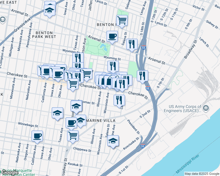 map of restaurants, bars, coffee shops, grocery stores, and more near 3334 Wisconsin Avenue in St. Louis