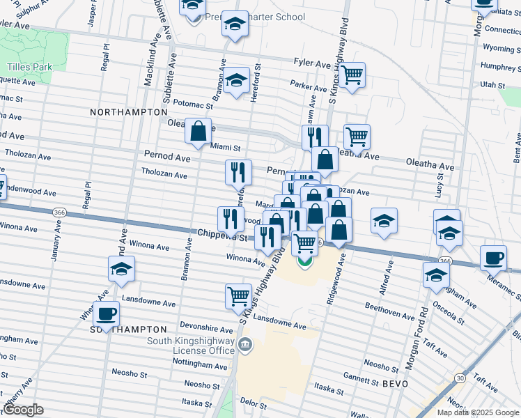 map of restaurants, bars, coffee shops, grocery stores, and more near 4962 Tholozan Avenue in St. Louis