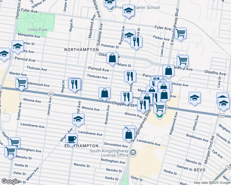 map of restaurants, bars, coffee shops, grocery stores, and more near 5200 Mardel Avenue in St. Louis
