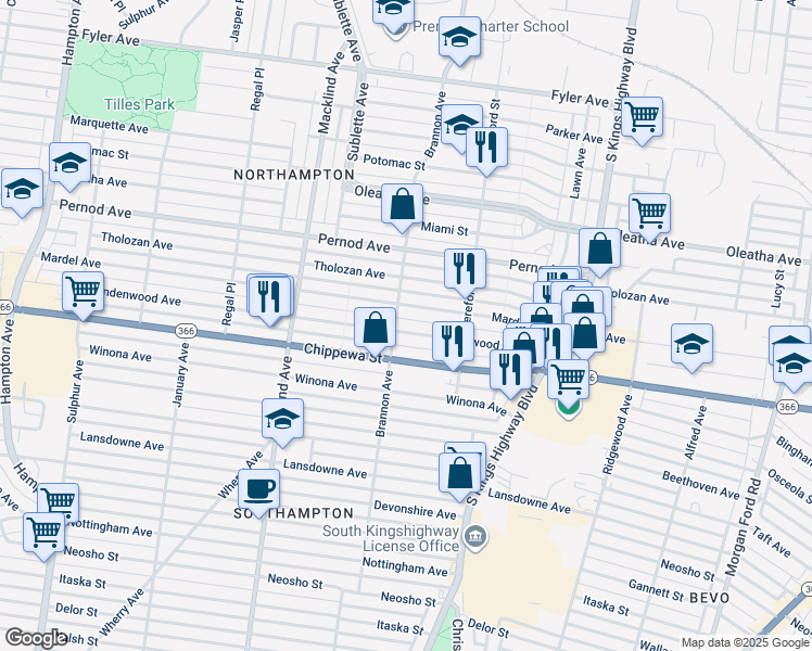 map of restaurants, bars, coffee shops, grocery stores, and more near 5200 Mardel Avenue in St. Louis