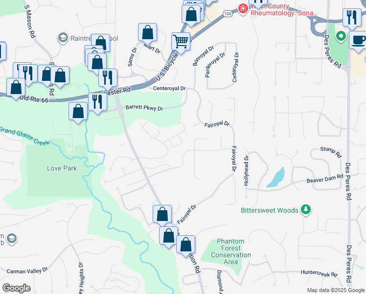 map of restaurants, bars, coffee shops, grocery stores, and more near 13326 Hiddendale Lane in Ballwin