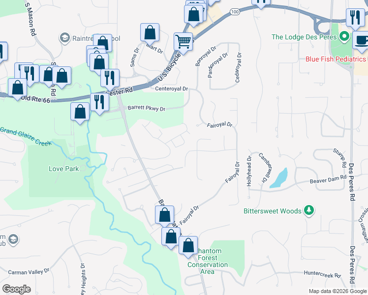 map of restaurants, bars, coffee shops, grocery stores, and more near 13326 Hiddendale Lane in Ballwin