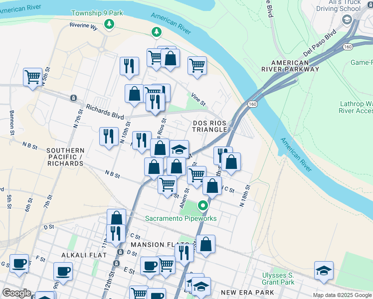 map of restaurants, bars, coffee shops, grocery stores, and more near 321 Eliza Street in Sacramento
