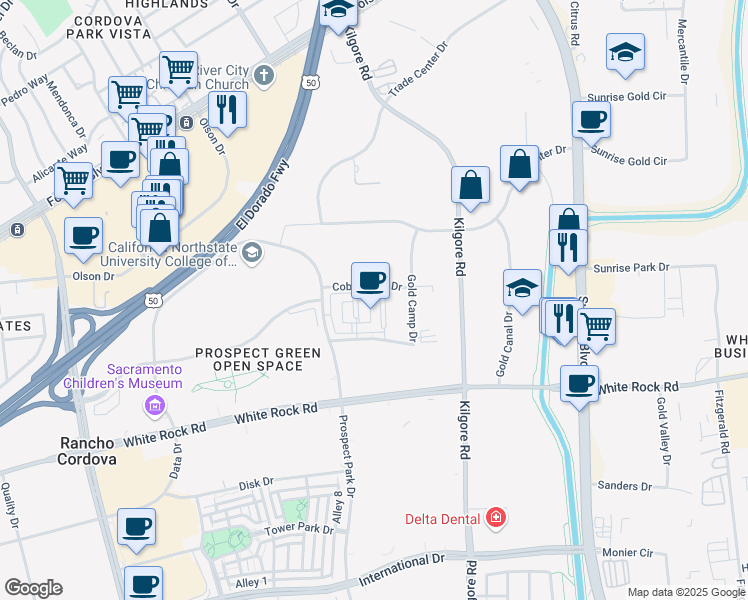 map of restaurants, bars, coffee shops, grocery stores, and more near 3140 Cobblerock Drive in Rancho Cordova