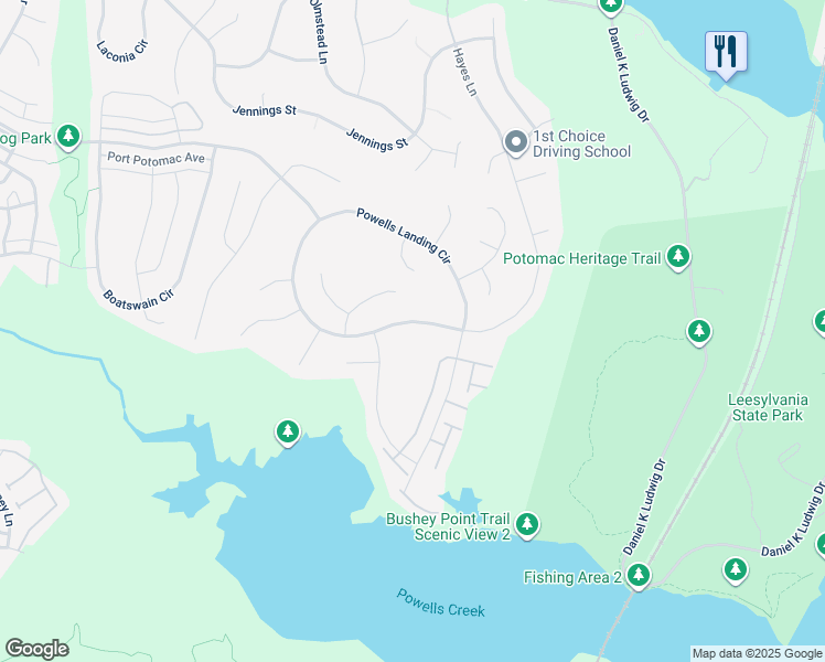 map of restaurants, bars, coffee shops, grocery stores, and more near 1889 Powells Landing Circle in Woodbridge