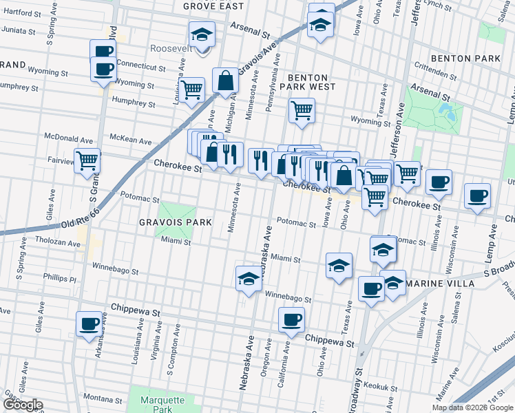 map of restaurants, bars, coffee shops, grocery stores, and more near 3444 Pennsylvania Avenue in St. Louis