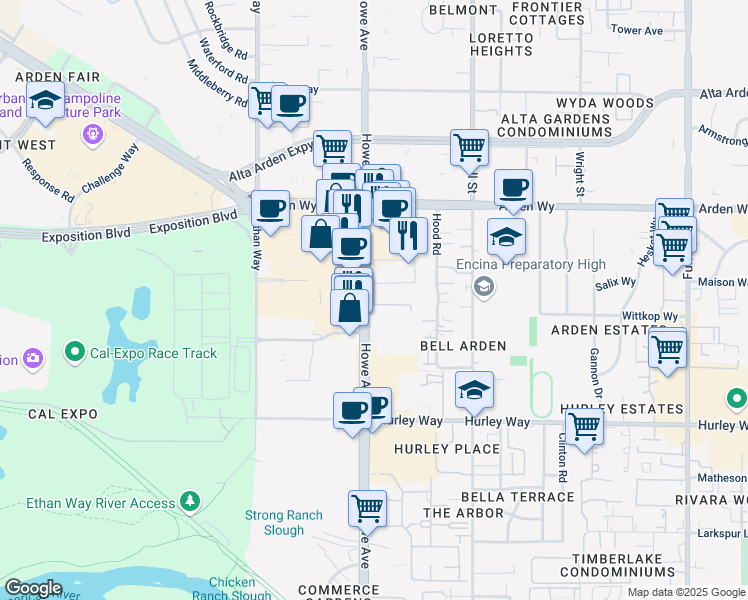 map of restaurants, bars, coffee shops, grocery stores, and more near 1508 Howe Avenue in Sacramento