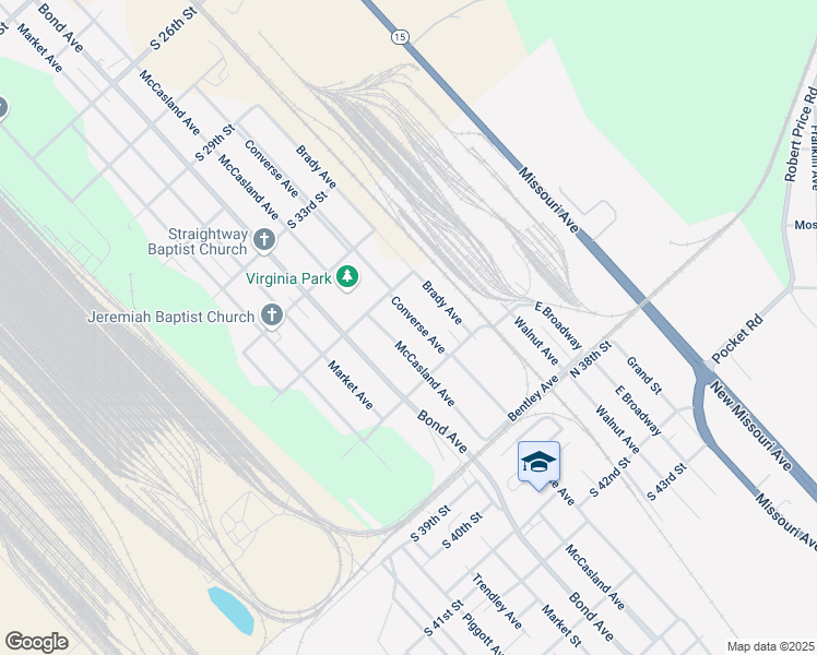 map of restaurants, bars, coffee shops, grocery stores, and more near 3604 Converse Avenue in East St. Louis