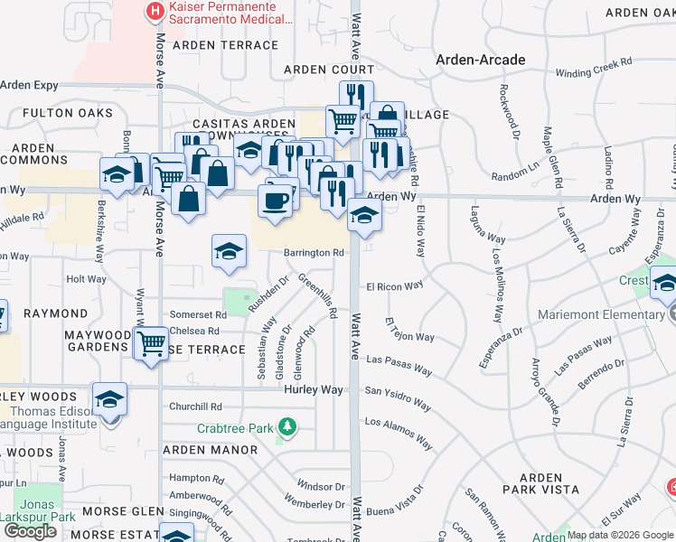 map of restaurants, bars, coffee shops, grocery stores, and more near 3432 Barrington Road in Sacramento