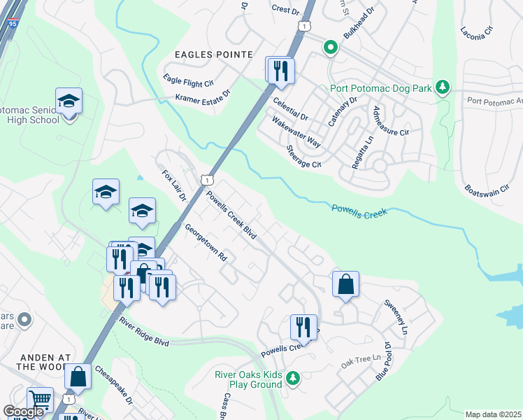 map of restaurants, bars, coffee shops, grocery stores, and more near 16577 Nanticoke Way in Woodbridge